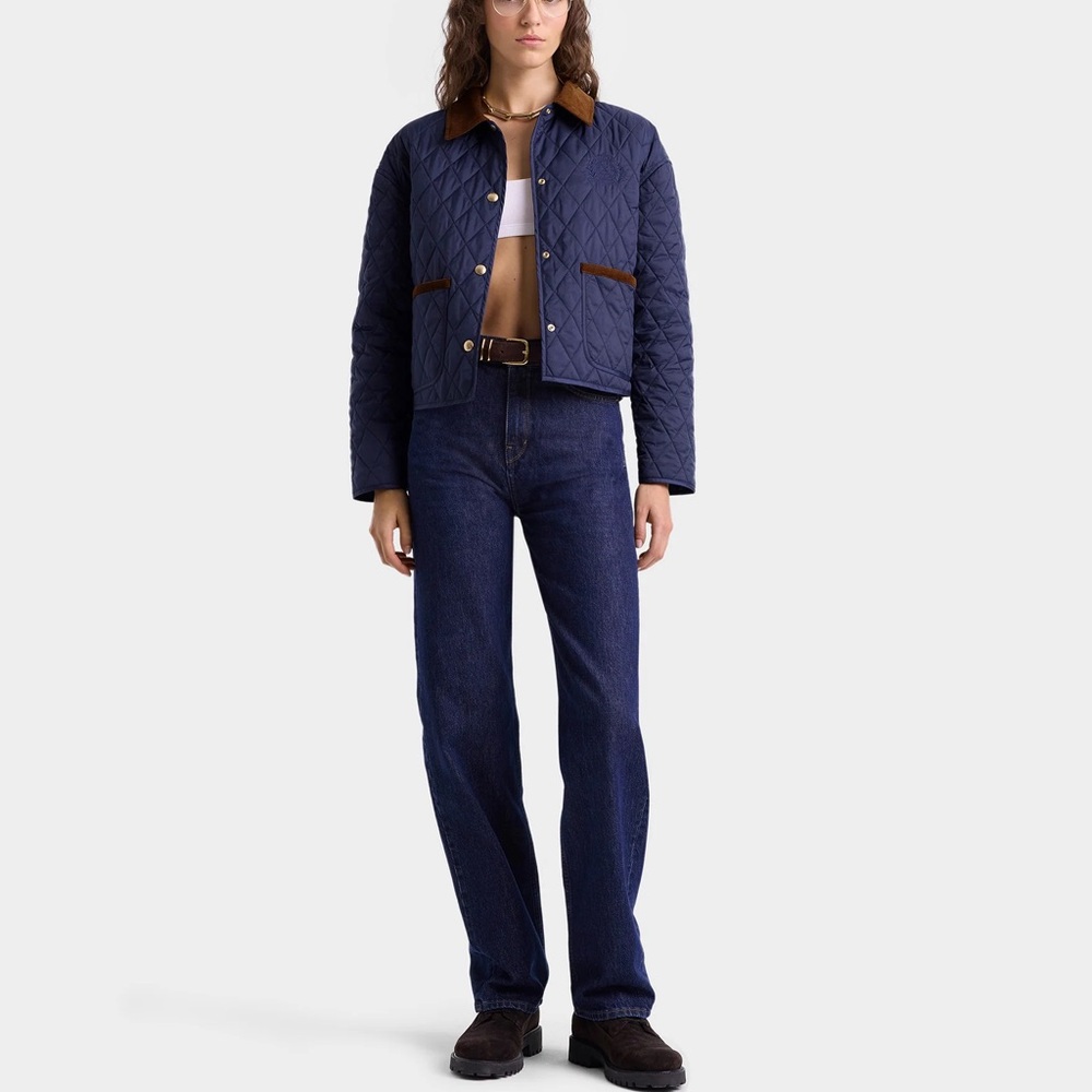 Sporty & Rich Crest Cropped‎ Quilted Puffer Jacket XS Navy Blue
